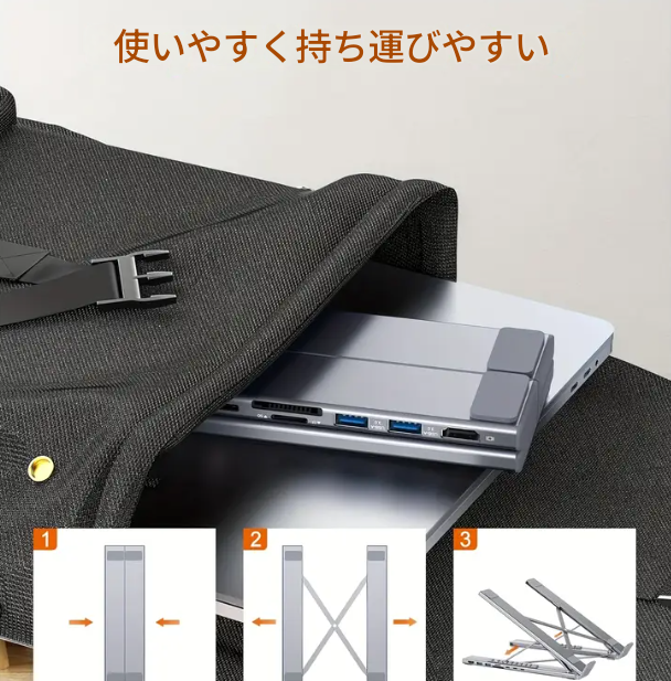 ノートPCスタンド一体型USB-Cハブ 7in1|折りたたみアルミ・4K30・5Gbps